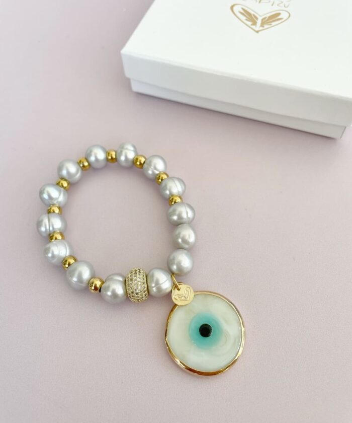 Pulsera perlas cultivadas gris y ojo turco - Imagen 2