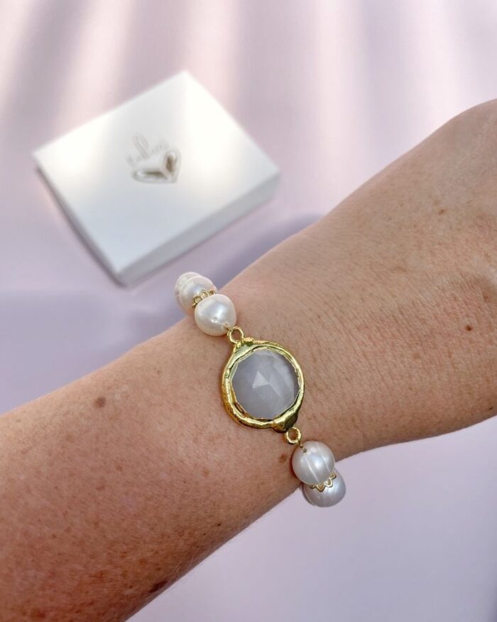Pulsera ajustable de perla y entrepieza de cuarzo - Imagen 3