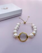 Pulsera ajustable de perla y entrepieza de cuarzo - Imagen 2