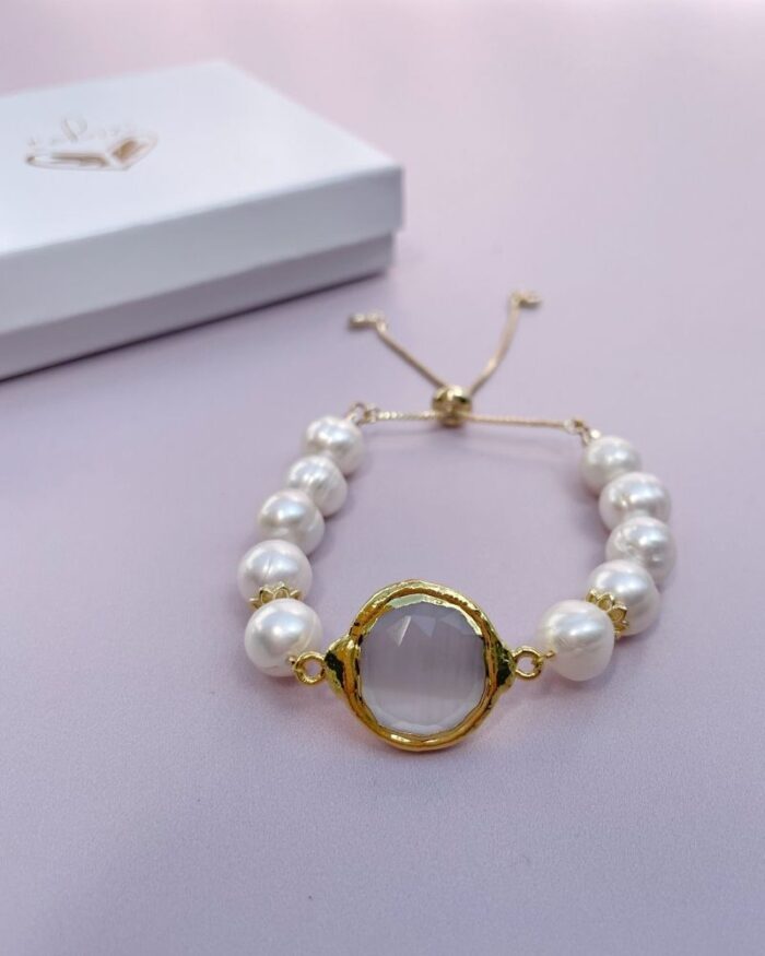 Pulsera ajustable de perla y entrepieza de cuarzo - Imagen 2