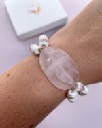 Pulsera doble cerámica flores pastel y entrepieza cuarzo rosa - Imagen 2