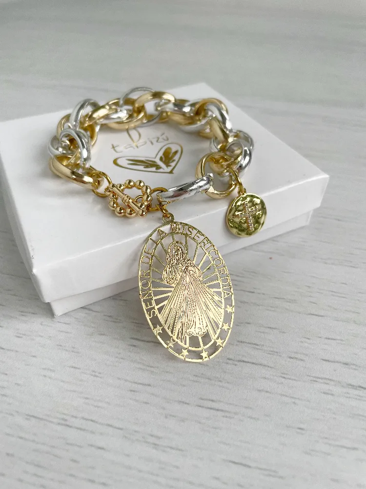tb115 Pulsera eslabón bitono dije Señor de la Misericordia - Imagen 1