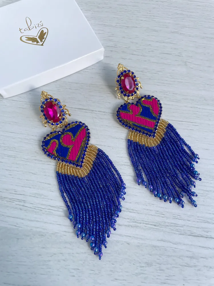 tb302 Maxi arete corazón y cristal azul y fucsia - Imagen 1