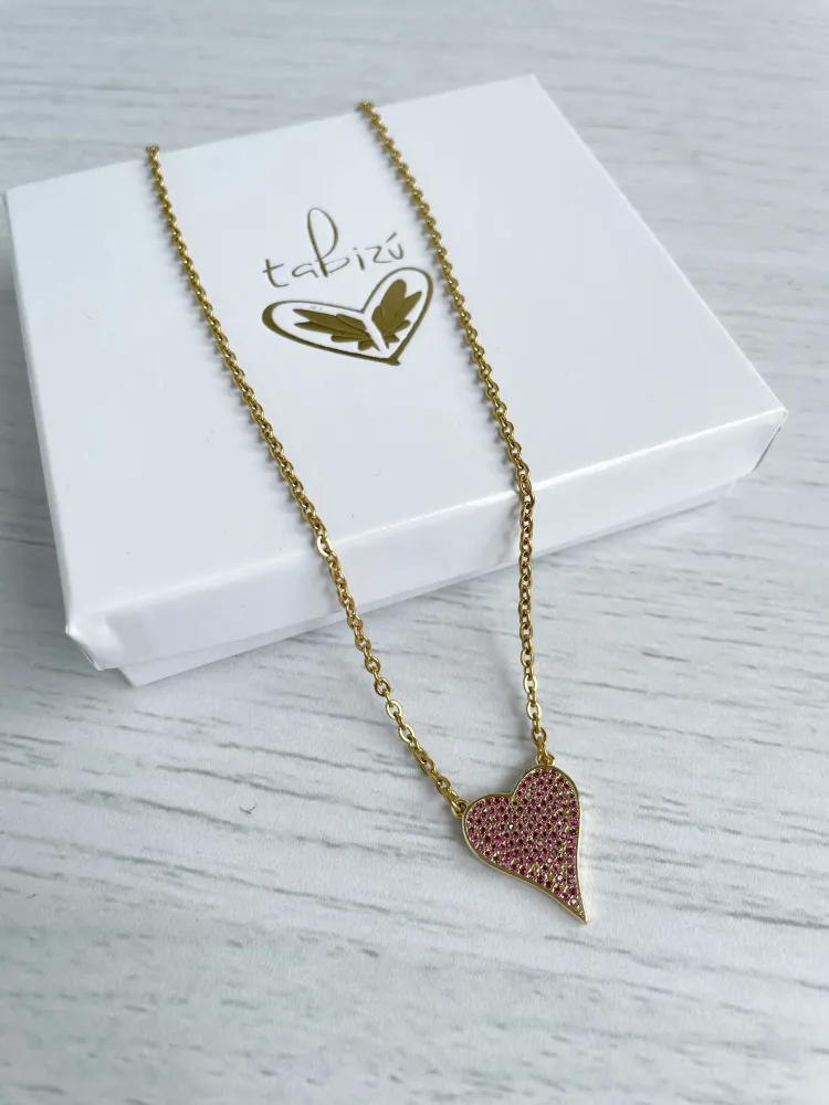 tb343 Cadena con dije de corazón zirconias fucsia - Imagen 1