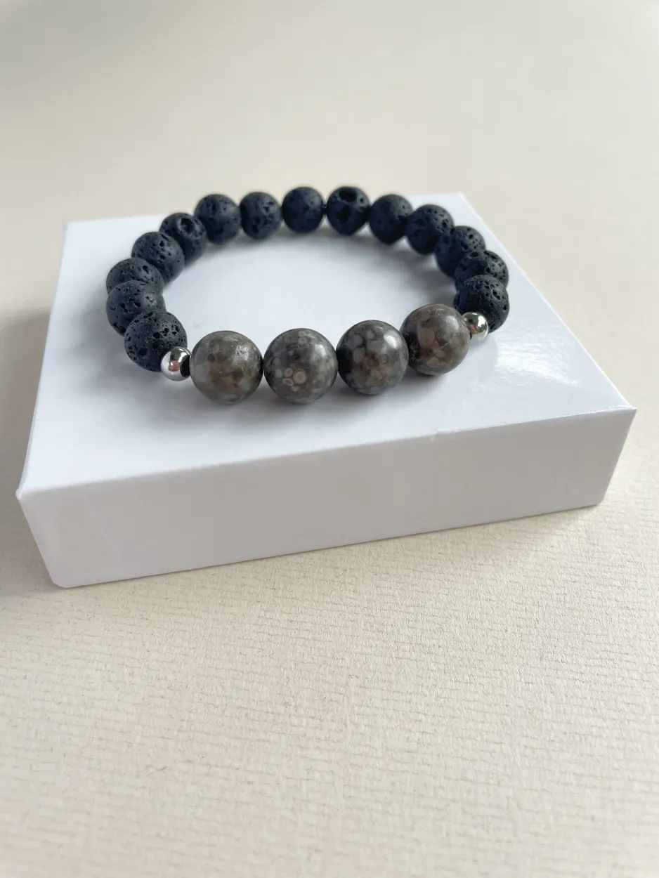 Pulsera piedra volcánica y ágatas gris
