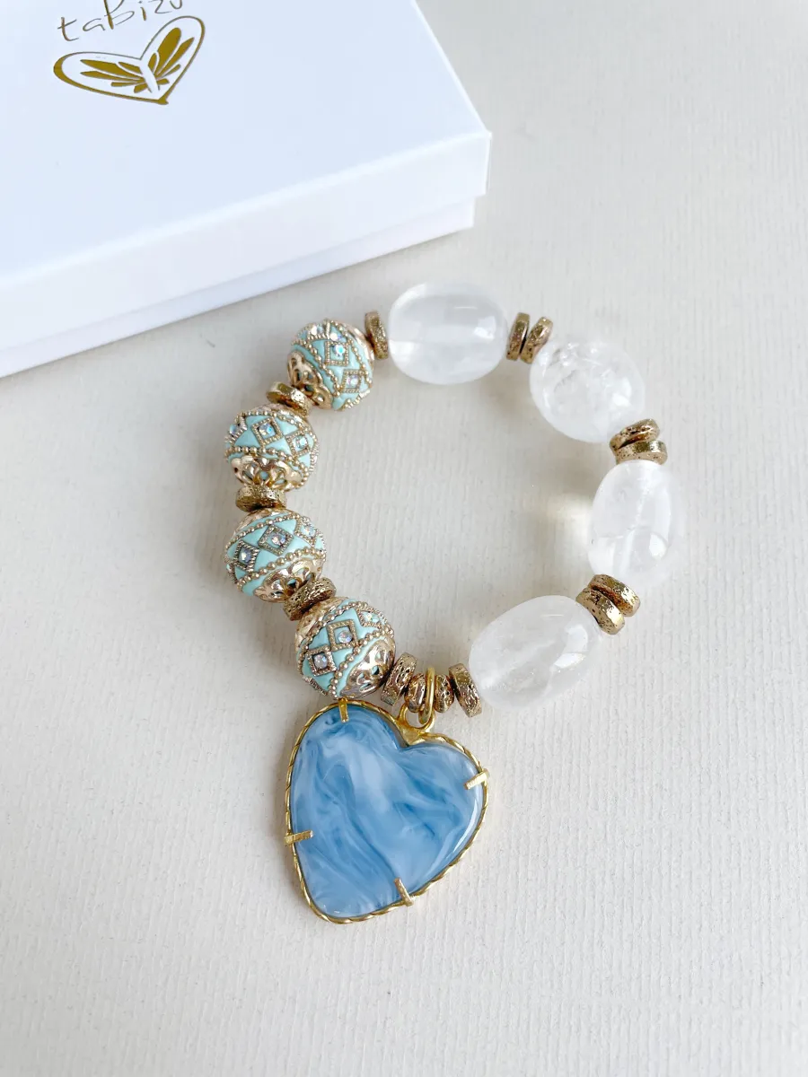 pul138 Pulsera cuentas tibetanas celeste y cuarzo transparente - Imagen 1