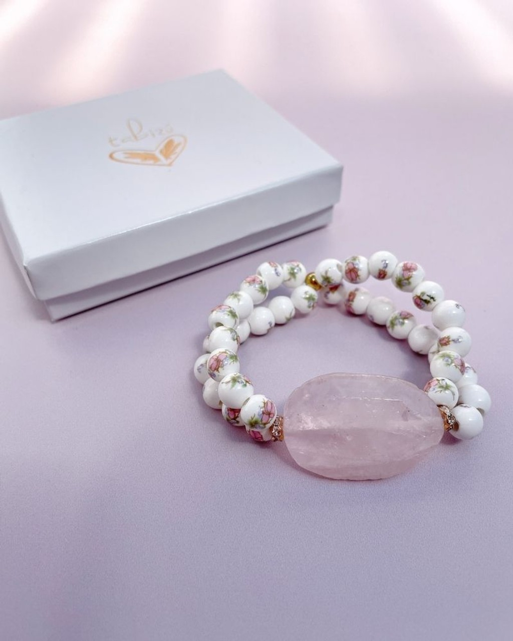 1915-019659b8-5cda-73cd-86db-d67bee3f7a82.jpg Pulsera doble cerámica flores pastel y entrepieza cuarzo rosa - Imagen 1