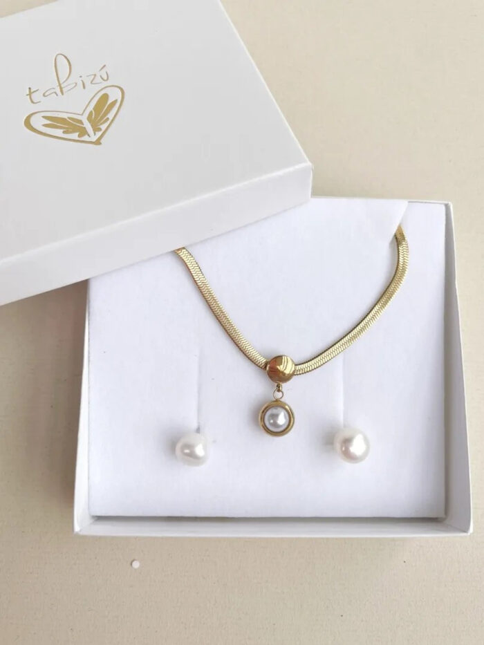 Caja especial collar plano y arete perla - Imagen 2