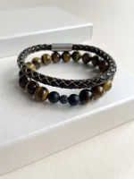 Dúo de pulsera de cuero y piedras ojo de tigre - Imagen 2