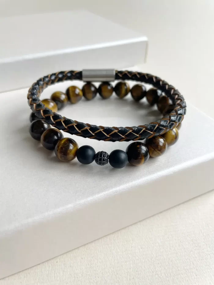 Dúo de pulsera de cuero y piedras ojo de tigre - Imagen 2