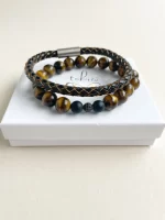 Dúo de pulsera de cuero y piedras ojo de tigre