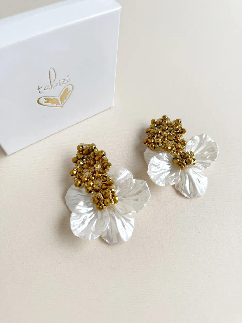IMG_9120 Maxi aretes cristal dorado y pétalos - Imagen 1