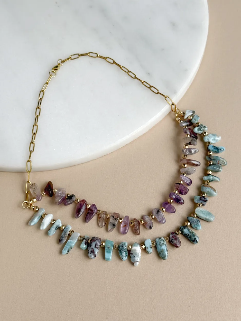 Collar doble amatista, lodolita y larimar