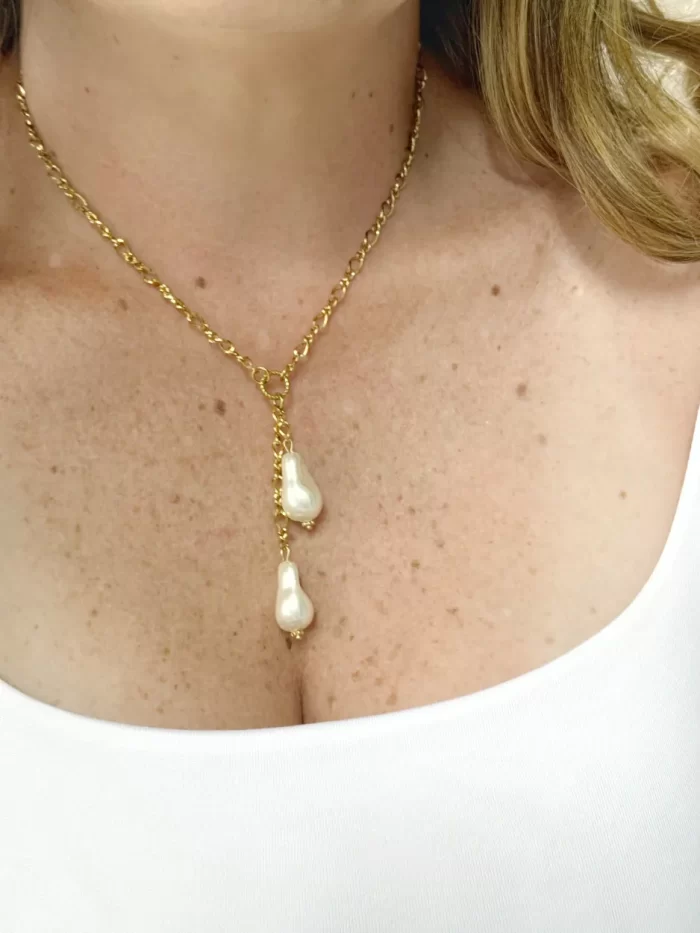 Collar en Y dorado doble perla - Imagen 3
