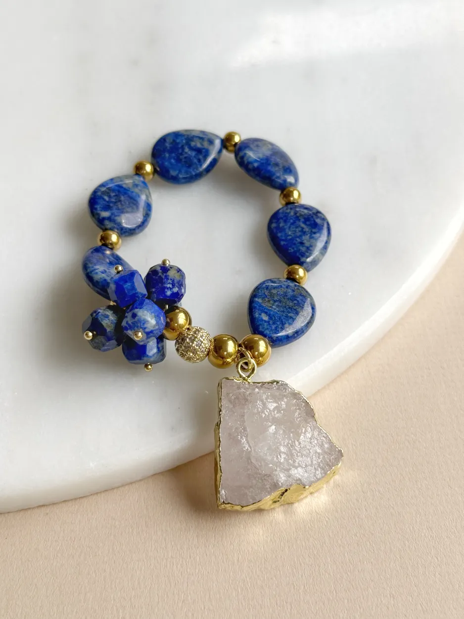 Pulsera gotas de lapislázuli y drusa de cuarzo transparente