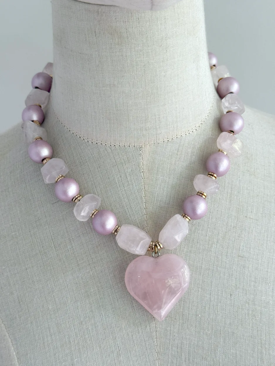 co215 b Collar cuarzo rosa corazón - Imagen 1