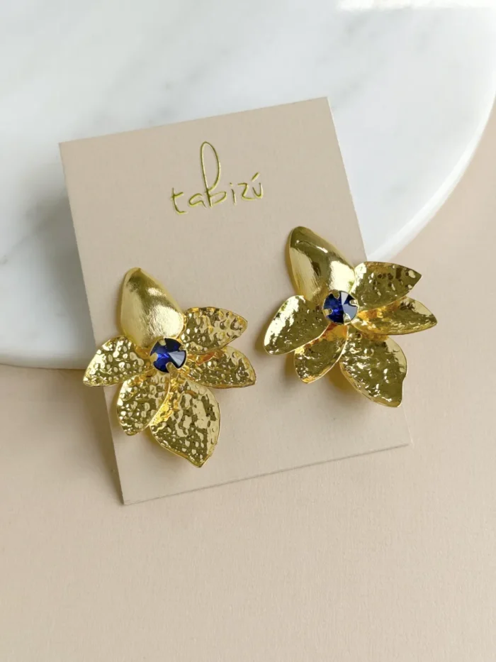 Maxi arete flor dorada cristal azul - Imagen 3