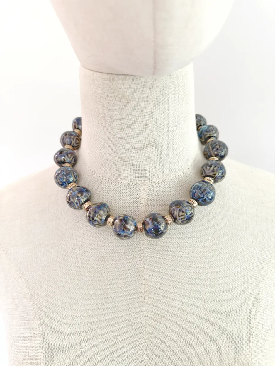 Collar maxi cuentas cerámica azul redondas