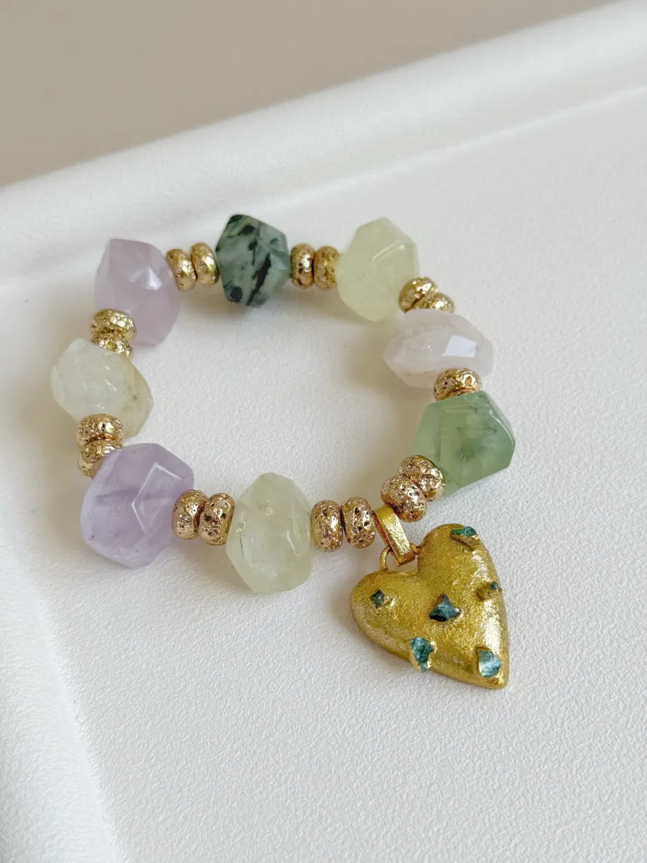 pul365 Pulsera maxi piedras cuarzo corazón esmeralda en bruto - Imagen 1