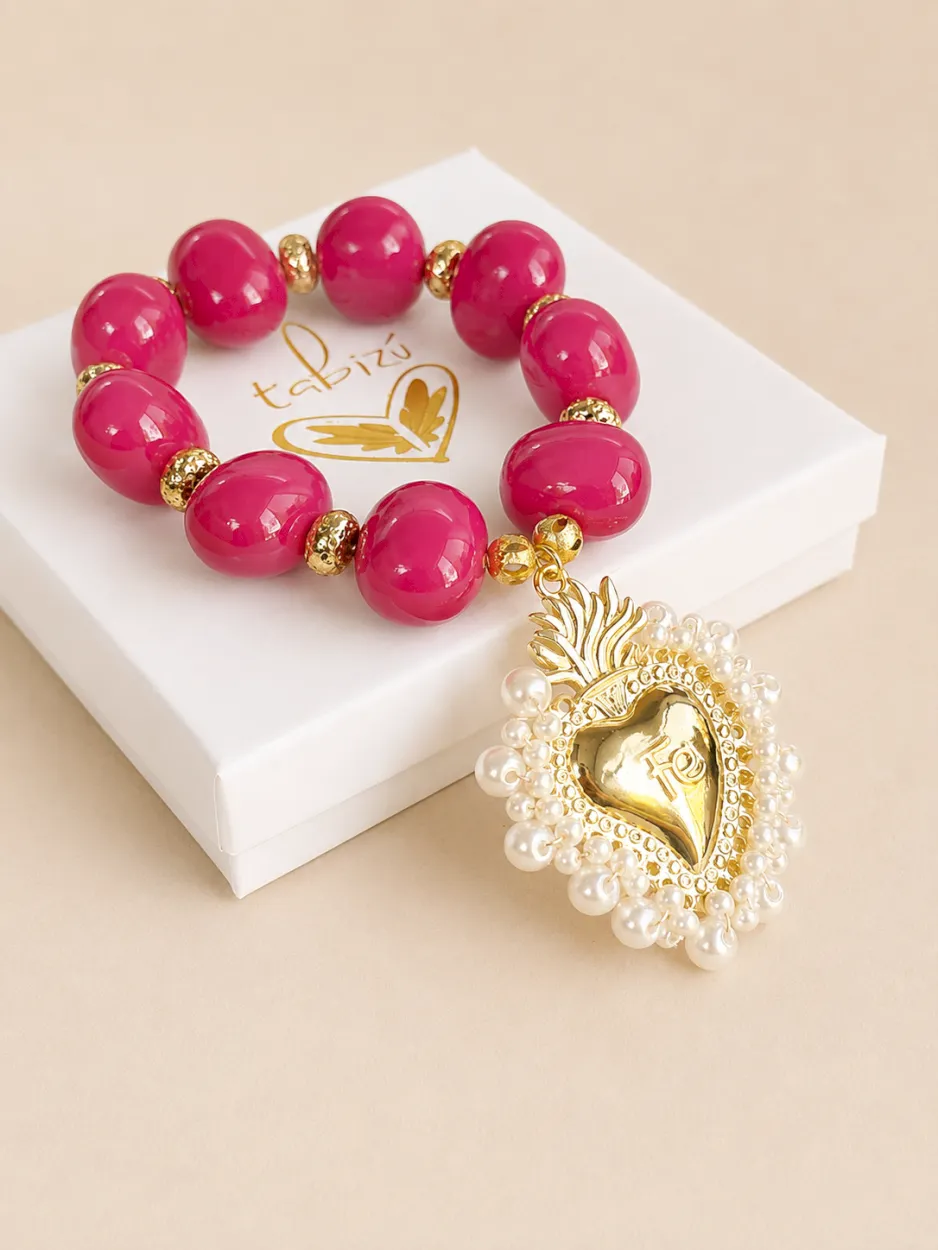 pul373 Pulsera perla fucsia corazón fe - Imagen 1