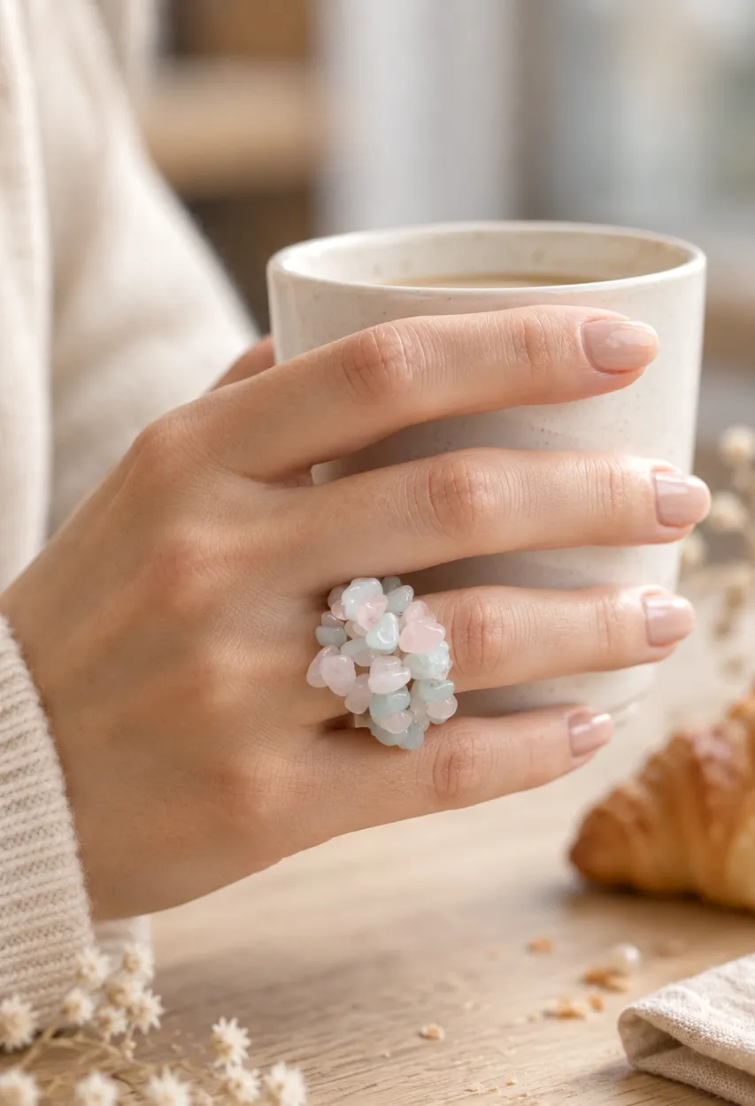 Anillo chilenito cuarzo rosa y piedra angel