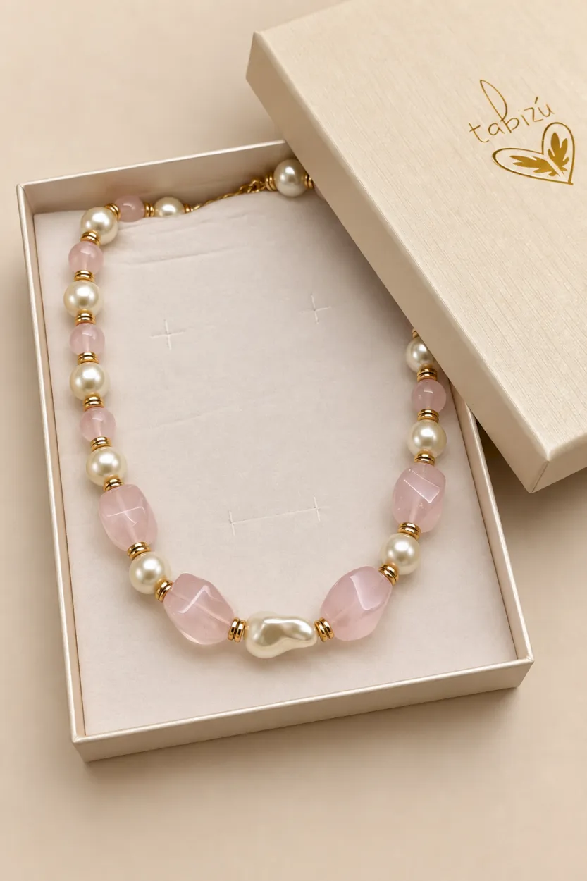 Collar cuarzo rosa y perla